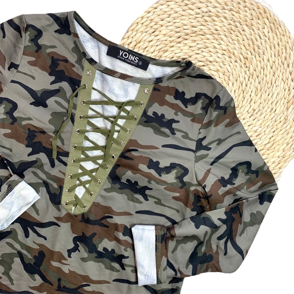 Boutique Yoins Military Camouflage Sexy Lace-Up V-Neck Long Sleeve Top Sz Small - Picture 16 of 16